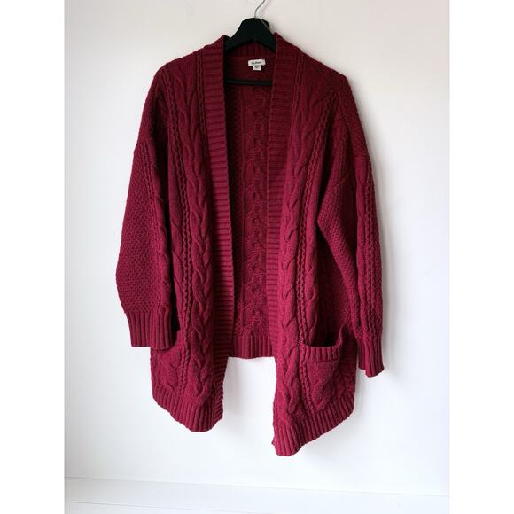 LL Bean Wool Blend Cardigan Sweater Burgundy Womens Sz XL Cable Knit Open Front - Picture 1 of 9